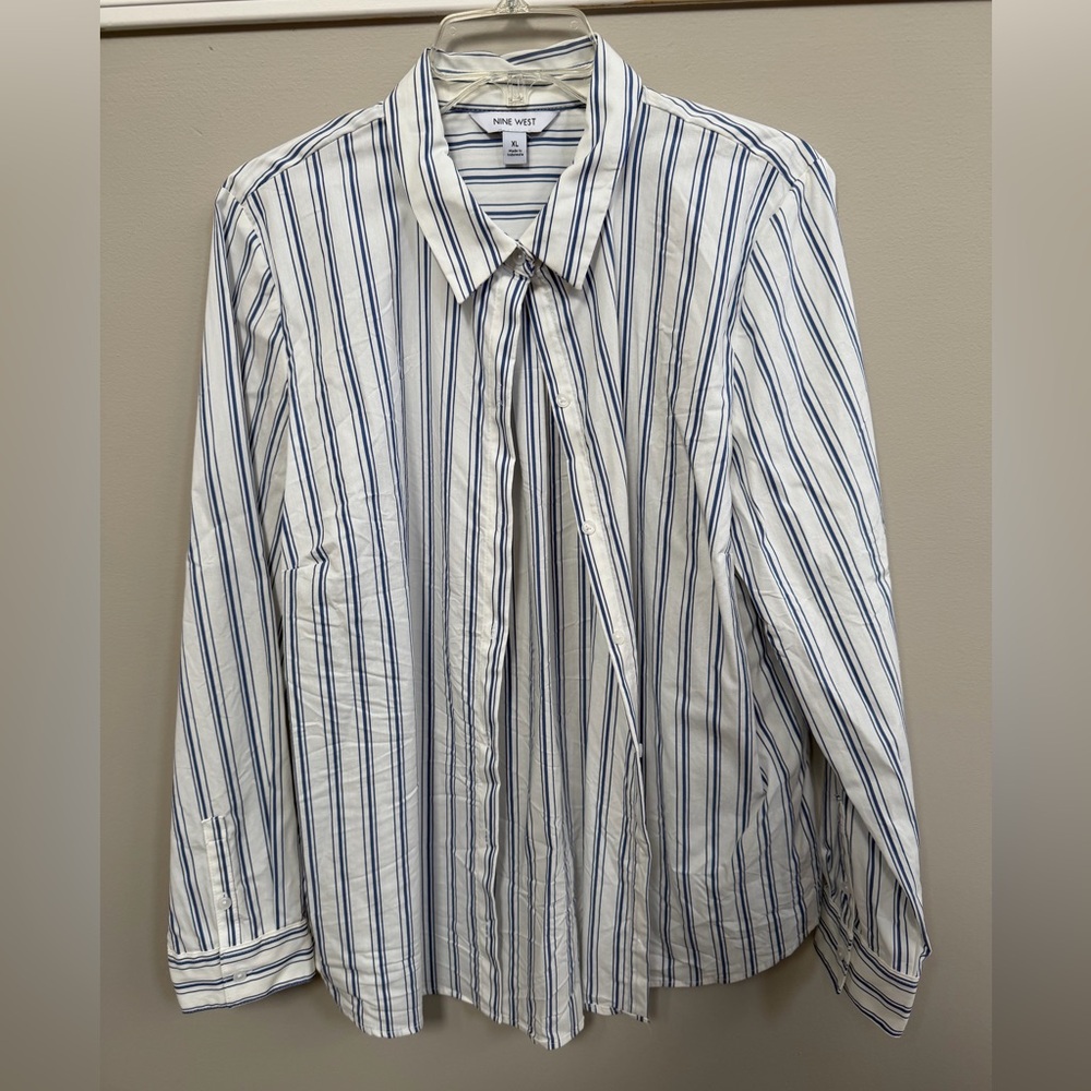 Nine West White and Blue Striped Button Down Shirt